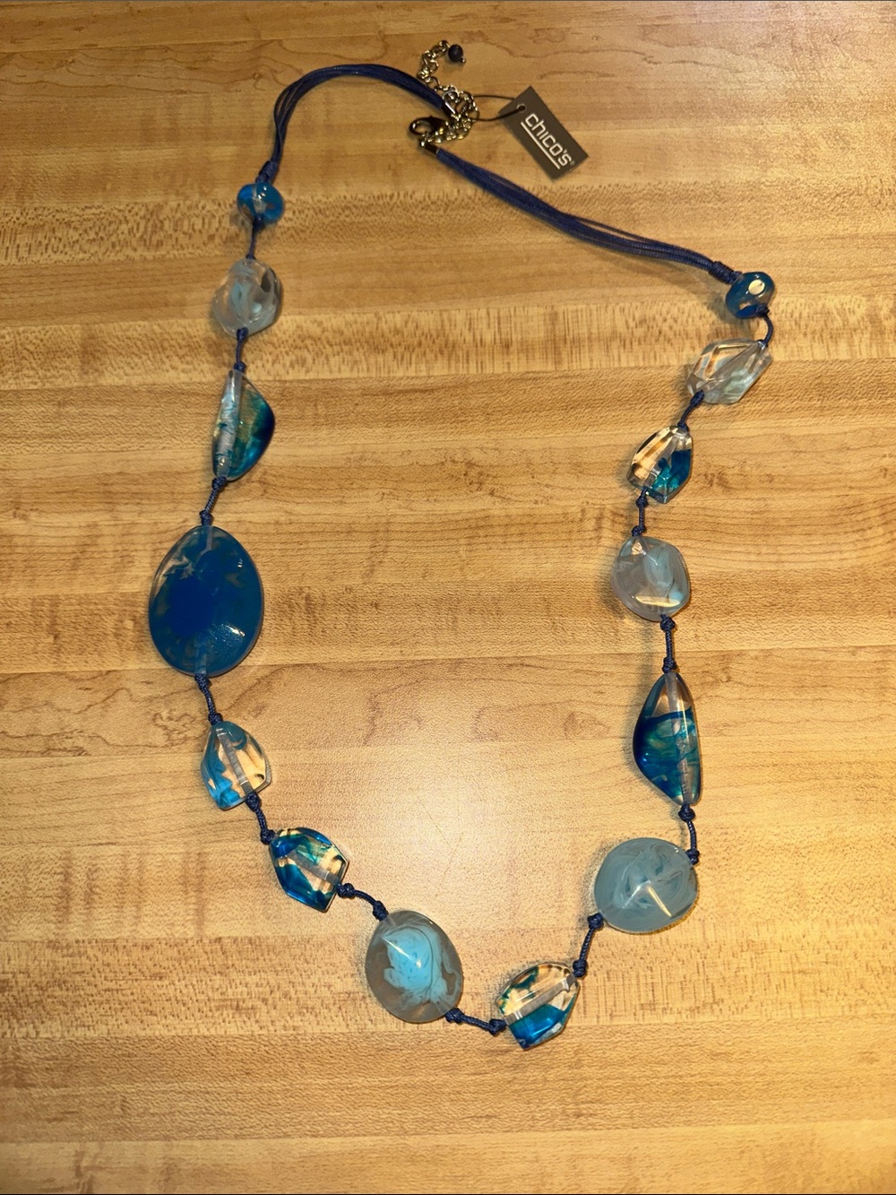 NWT Chico's Blue Lucite Beaded Necklace with Navy Cord